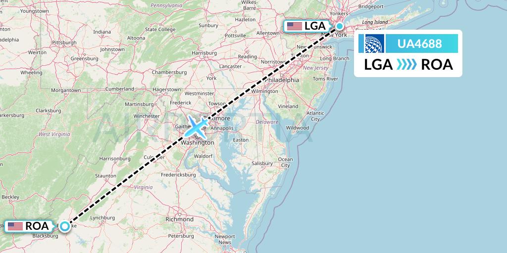 UA4688 United Airlines Flight Map: New York to Roanoke