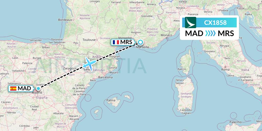 CX1858 Cathay Pacific Flight Map: Madrid to Marseille