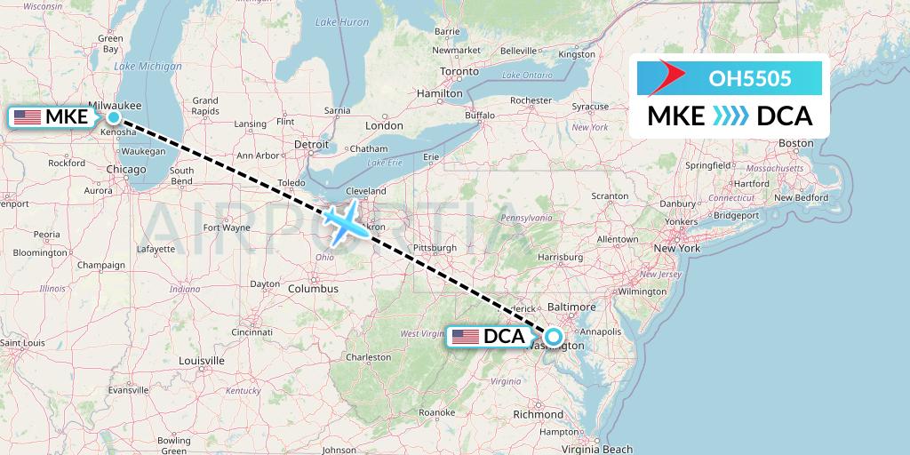 OH5505 PSA Airlines Flight Map: Milwaukee to Washington