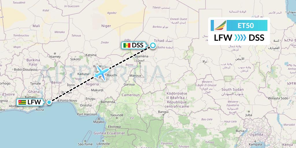 ET50 Ethiopian Airlines Flight Map: Lome to Dakar