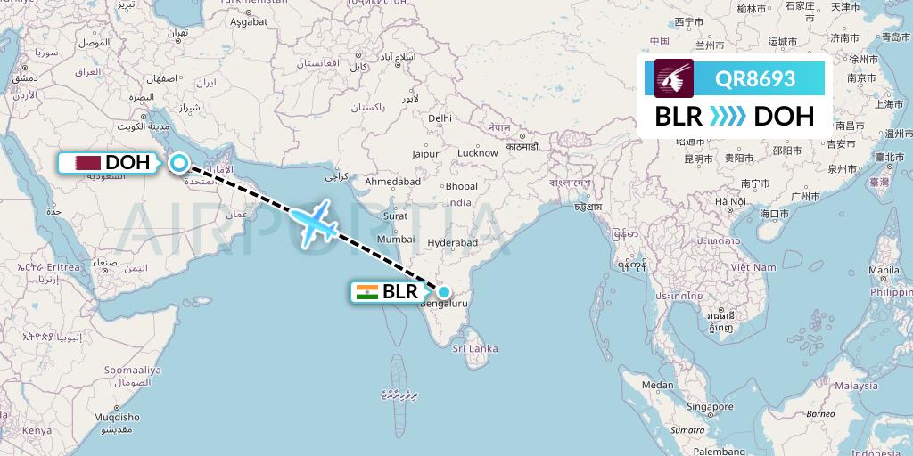 QR8693 Qatar Airways Flight Map: Bangalore to Doha