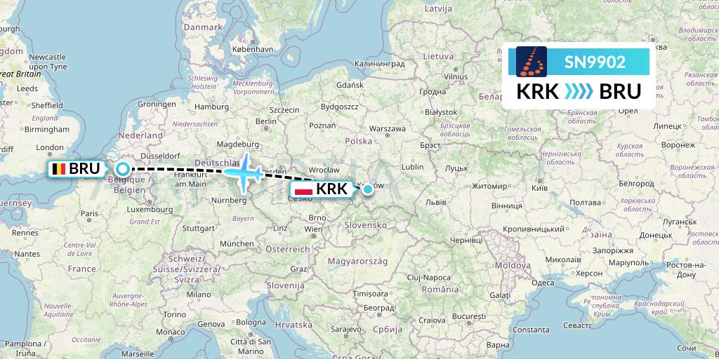 SN9902 Brussels Airlines Flight Map: Krakow to Brussels