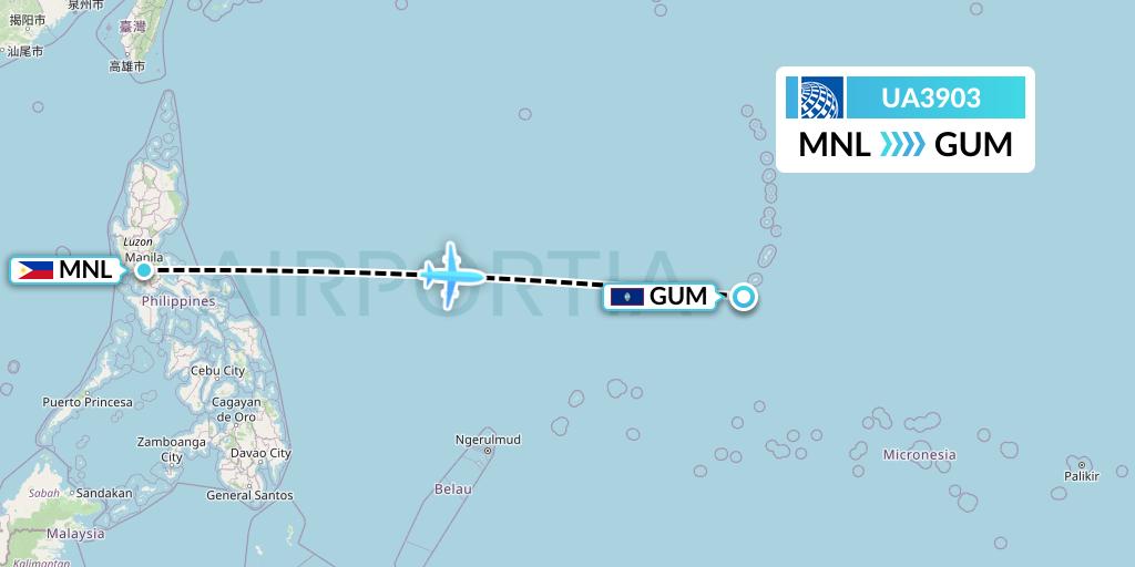 UA3903 United Airlines Flight Map: Manila to Guam