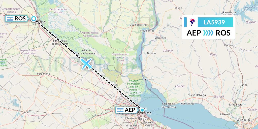 LA5939 LAN Airlines Flight Map: Buenos Aires to Rosario