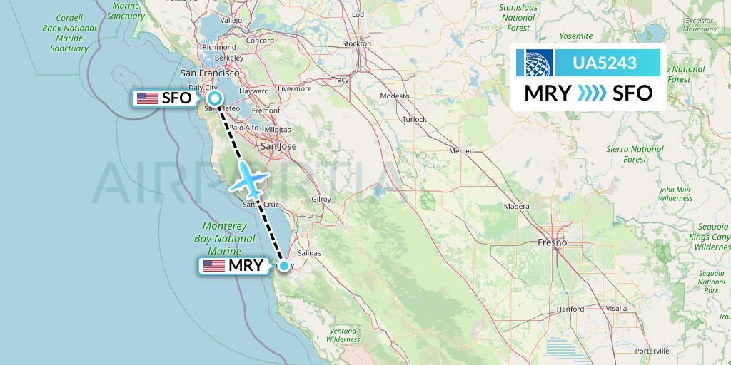 UA5243 United Airlines Flight Map: Monterey to San Francisco