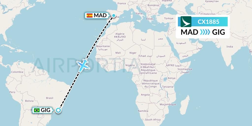 CX1885 Cathay Pacific Flight Map: Madrid to Rio de Janeiro
