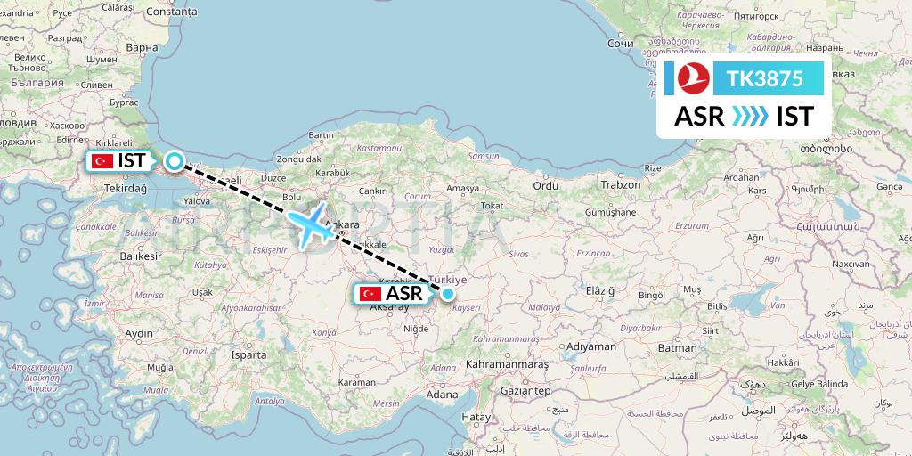 TK3875 Turkish Airlines Flight Map: Kayseri to Istanbul