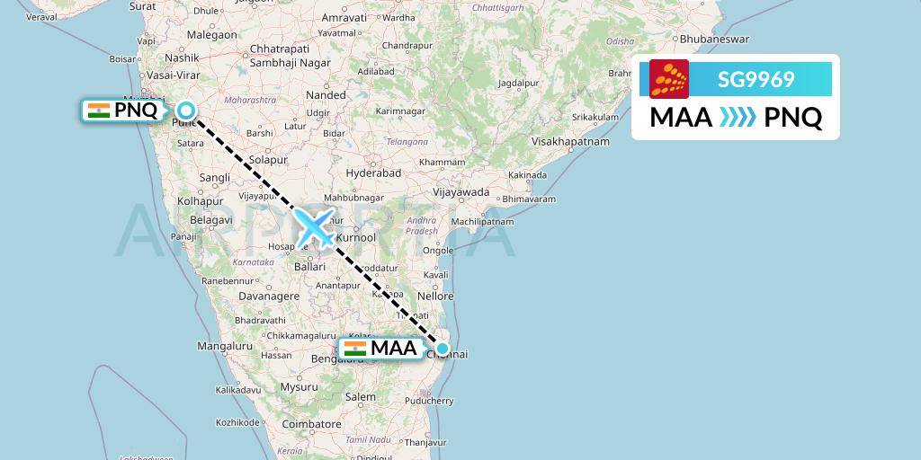 SG9969 SpiceJet Flight Map: Chennai to Pune