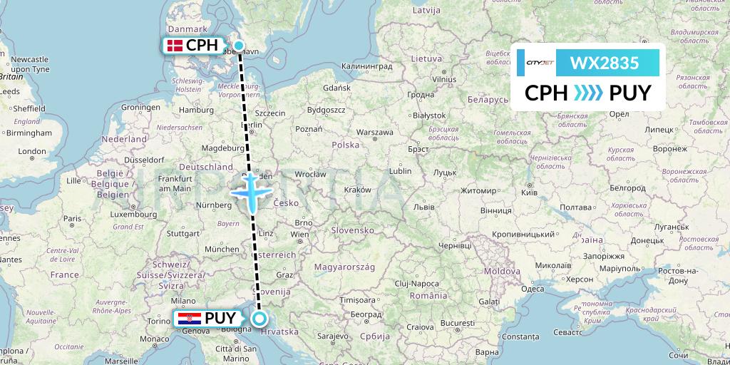 WX2835 Cityjet Flight Map: Copenhagen to Pula