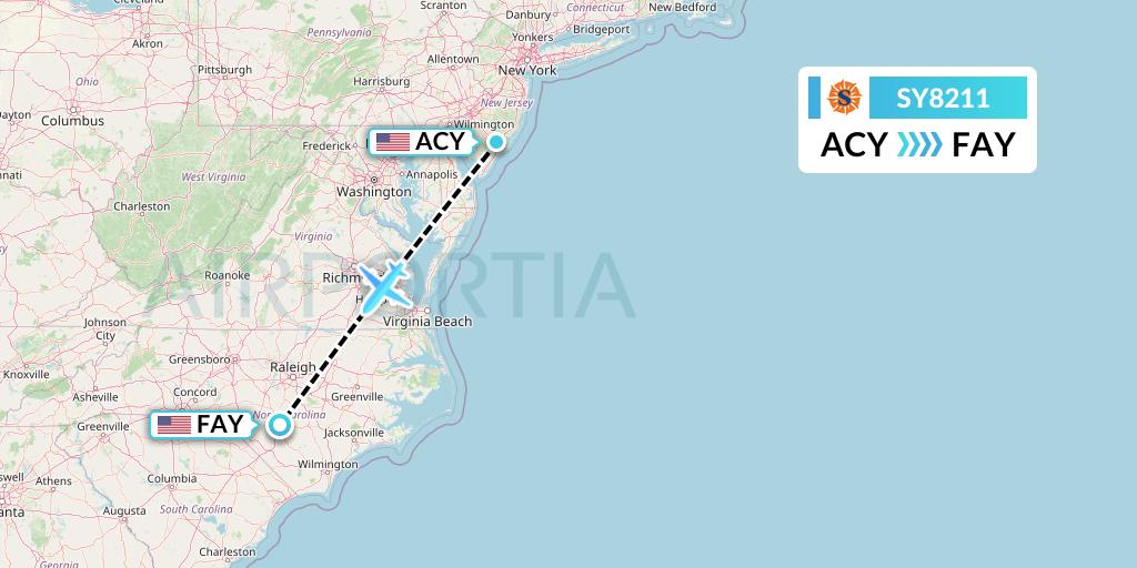 SY8211 Sun Country Airlines Flight Map: Atlantic City to Fayetteville