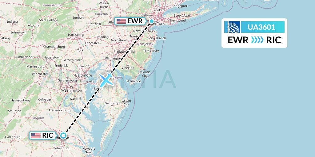 UA3601 United Airlines Flight Map: New York to Richmond