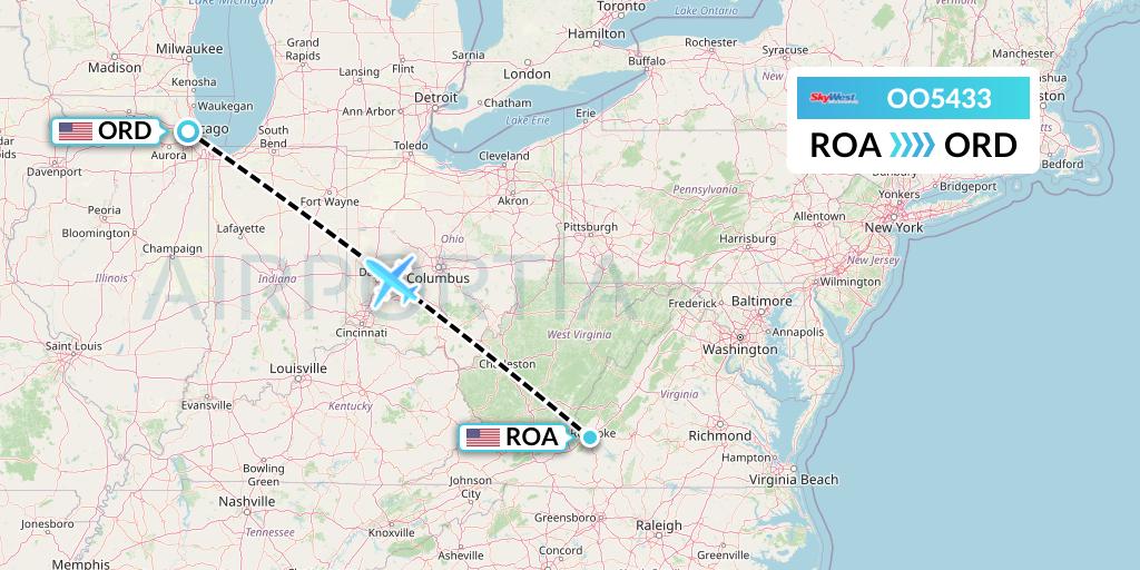 OO5433 SkyWest Airlines Flight Map: Roanoke to Chicago