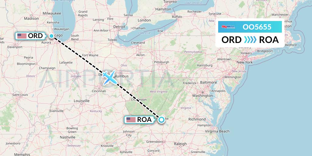 OO5655 SkyWest Airlines Flight Map: Chicago to Roanoke