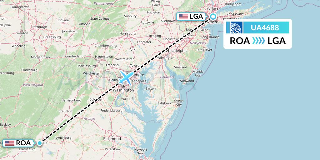 UA4688 United Airlines Flight Map: Roanoke to New York
