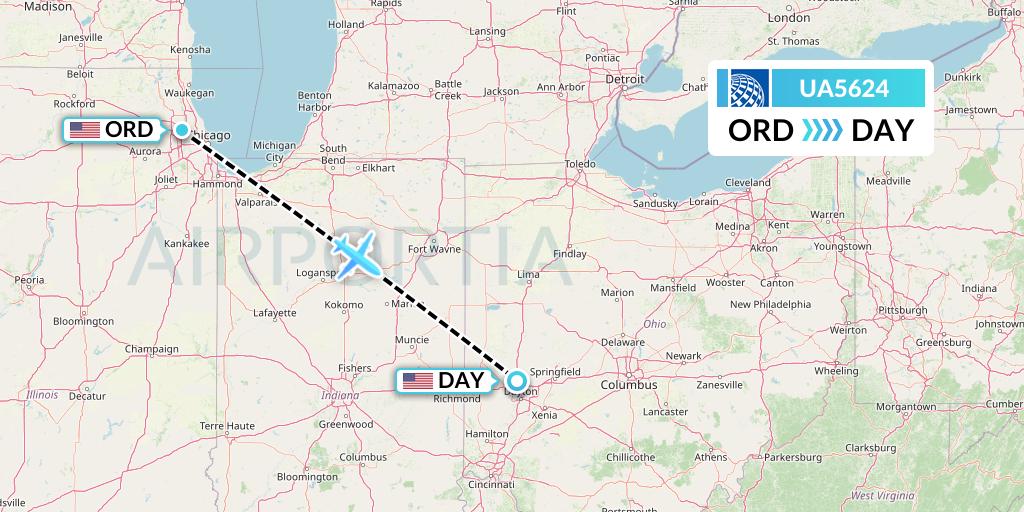 UA5624 United Airlines Flight Map: Chicago to Dayton