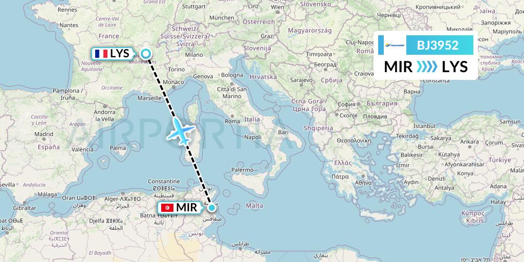 BJ3952 Nouvelair Tunisie Flight Map: Monastir to Lyon