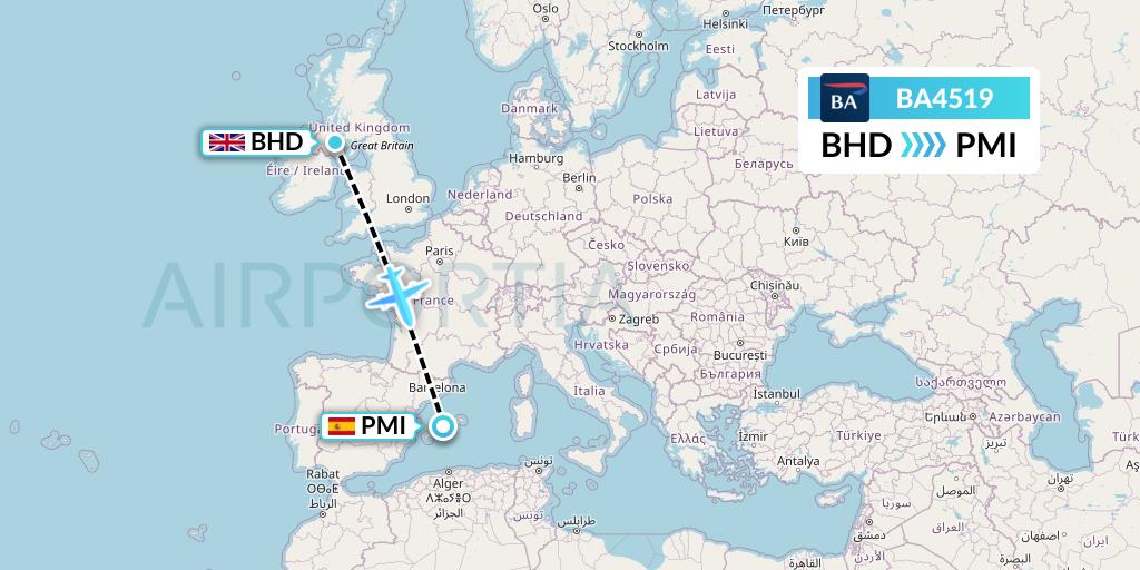 BA4519 British Airways Flight Map: Belfast to Palma de Mallorca