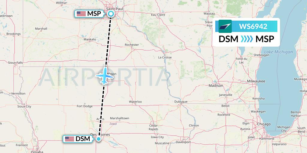 WS6942 WestJet Flight Map: Des Moines to Minneapolis