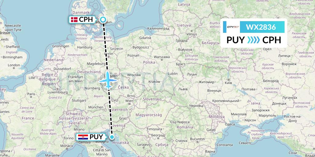 WX2836 Cityjet Flight Map: Pula to Copenhagen