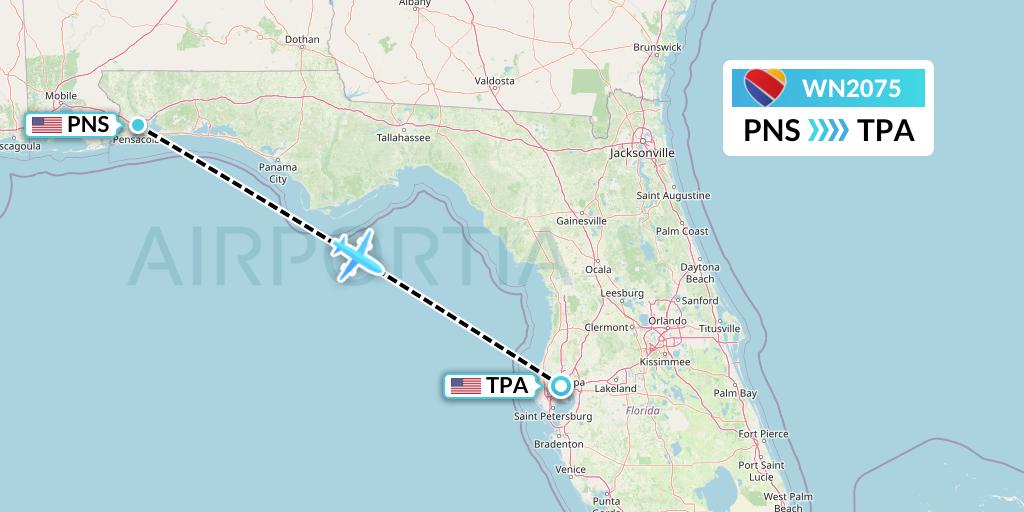 WN2075 Southwest Airlines Flight Map: Pensacola to Tampa