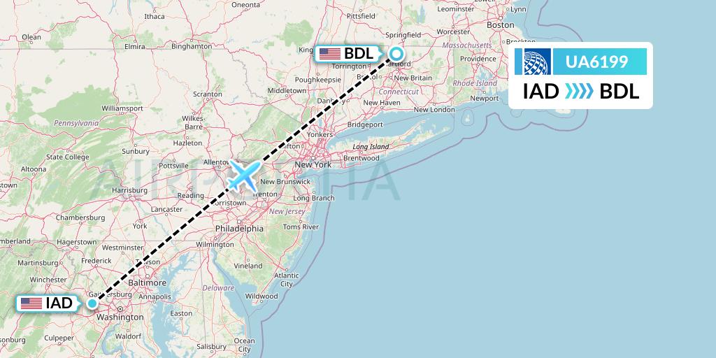 UA6199 United Airlines Flight Map: Washington to Windsor Locks