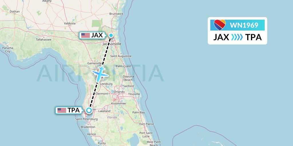 WN1969 Southwest Airlines Flight Map: Jacksonville to Tampa