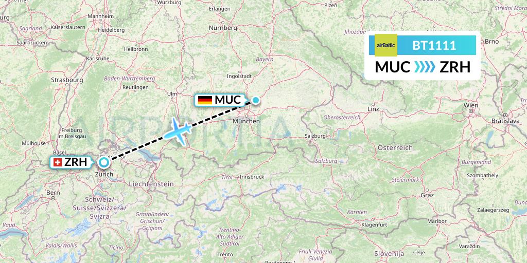 BT1111 Air Baltic Flight Map: Munich to Zurich
