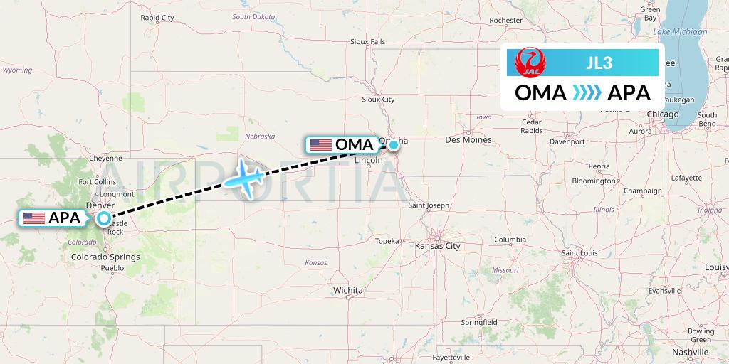 JL3 Japan Airlines Flight Map: Omaha to Denver