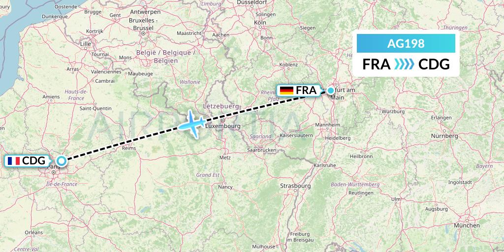 AG198 Aruba Airlines Flight Map: Frankfurt to Paris