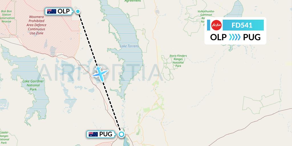 FD541 Thai AirAsia Flight Map: Olympic Dam to Port Augusta