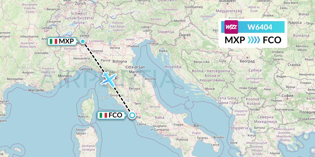 W6404 Wizz Air Flight Map: Milan to Rome