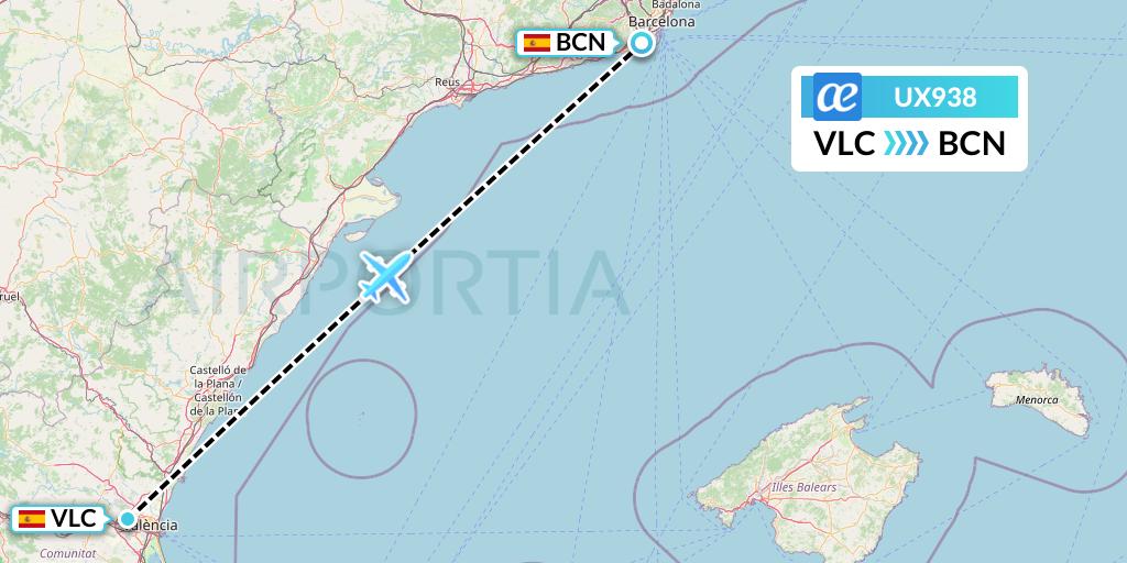 UX938 Air Europa Flight Map: Valencia to Barcelona