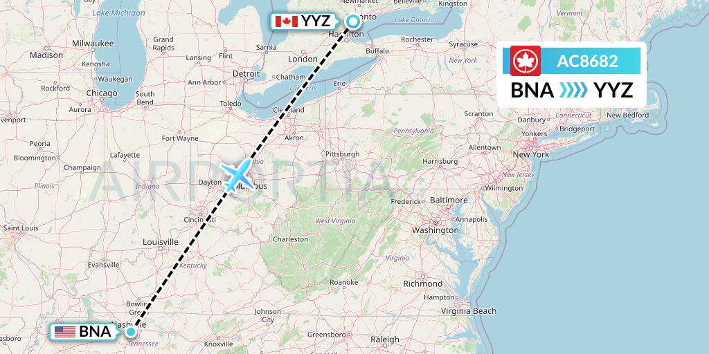 AC8682 Air Canada Flight Map: Nashville to Toronto