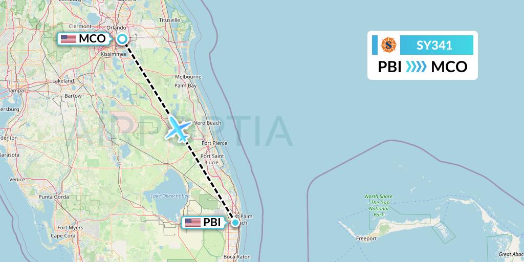SY341 Sun Country Airlines Flight Map: West Palm Beach to Orlando
