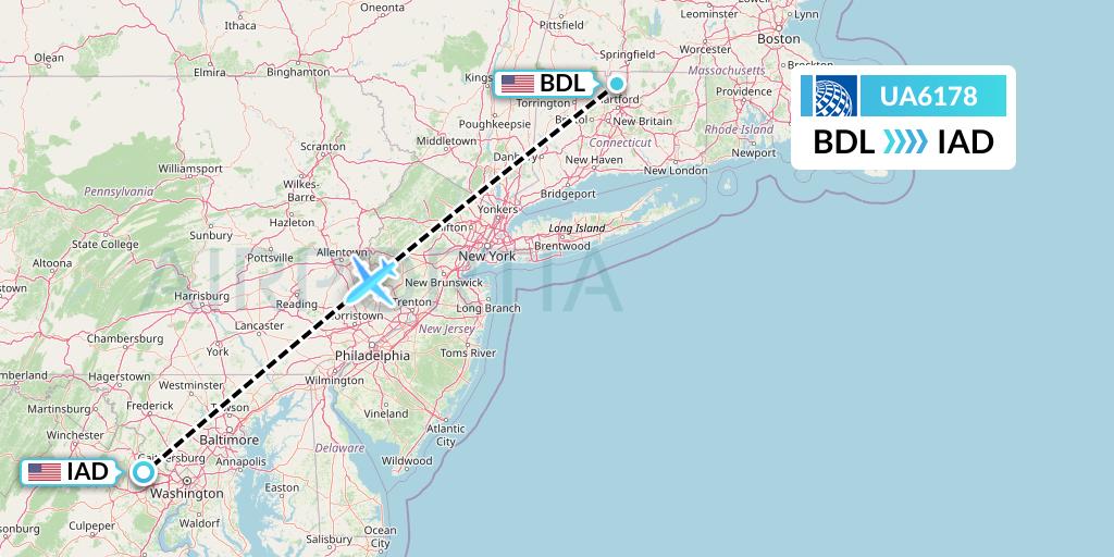 UA6178 United Airlines Flight Map: Windsor Locks to Washington