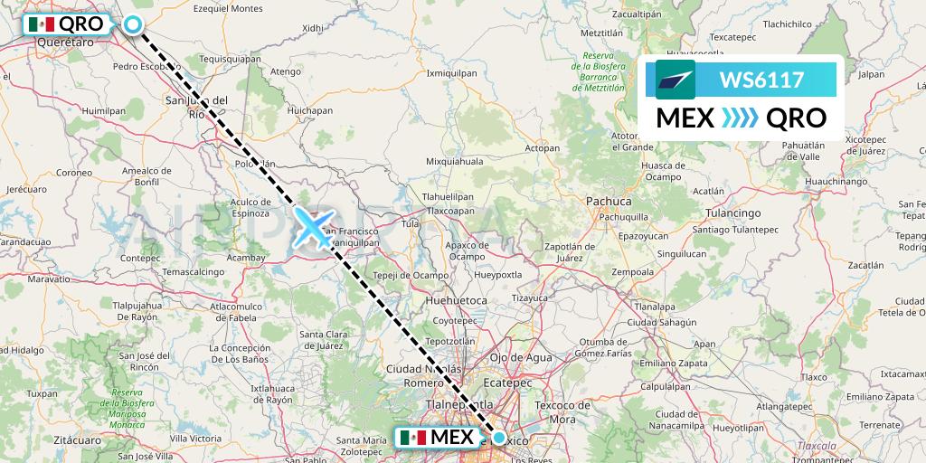 WS6117 WestJet Flight Map: Mexico City to Queretaro
