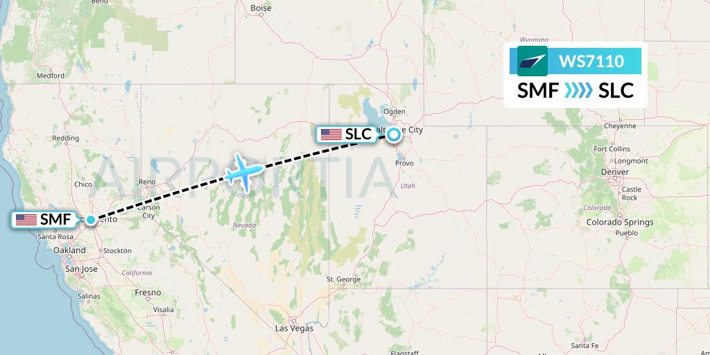 WS7110 WestJet Flight Map: Sacramento to Salt Lake City