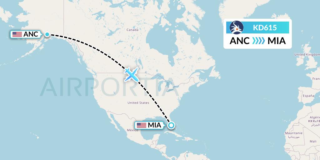 KD615 KalStar Aviation Flight Map: Anchorage to Miami