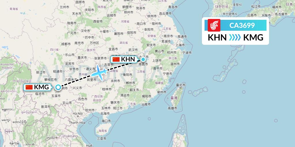 CA3699 Air China Flight Map: Nanchang to Kunming