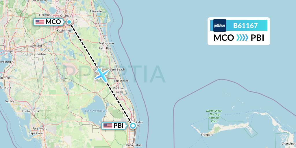 B61167 JetBlue Airways Flight Map: Orlando to West Palm Beach