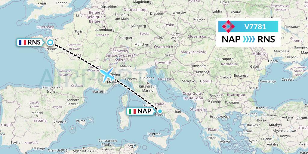 V7781 Volotea Flight Map: Naples to Rennes