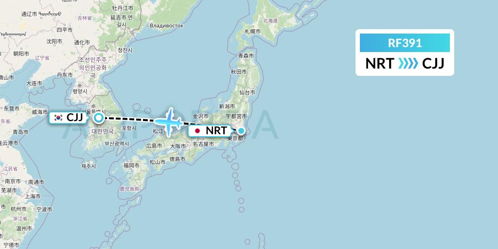 RF391 Aero K Airlines Flight Map: Tokyo to Cheongju