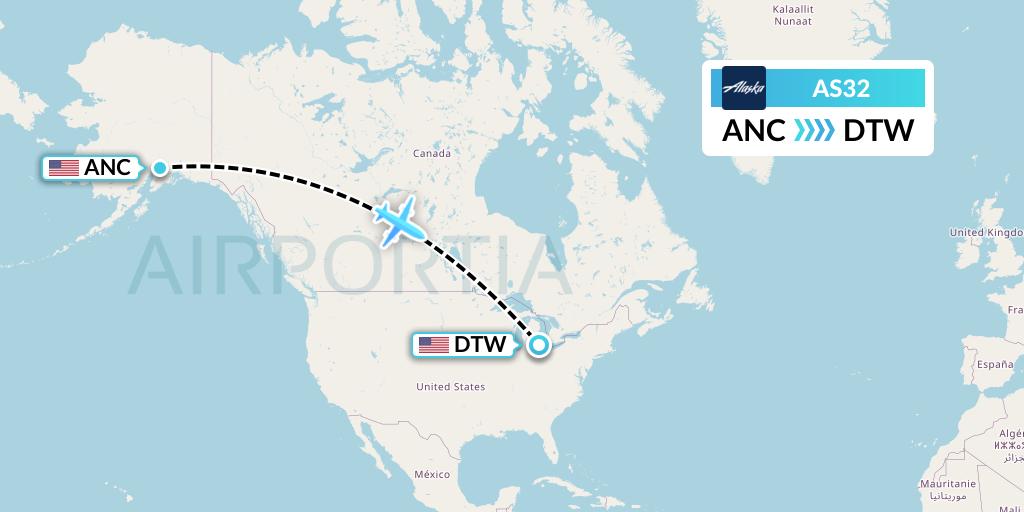 AS32 Alaska Airlines Flight Map: Anchorage to Detroit