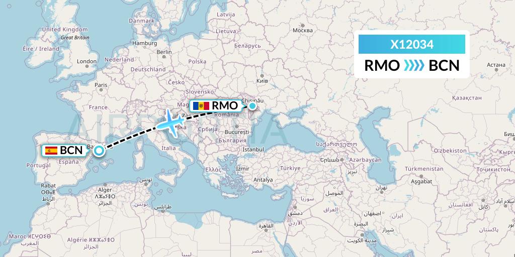 X12034 Nik Airways Flight Map: Chisinau to Barcelona