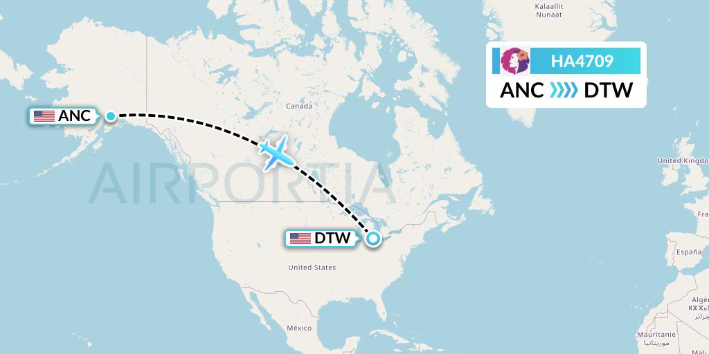 HA4709 Hawaiian Airlines Flight Map: Anchorage to Detroit