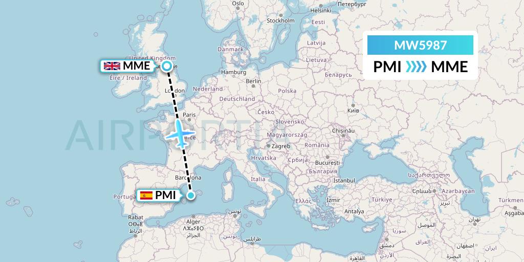 MW5987 Mokulele Flight Service Flight Map: Palma de Mallorca to Darlington