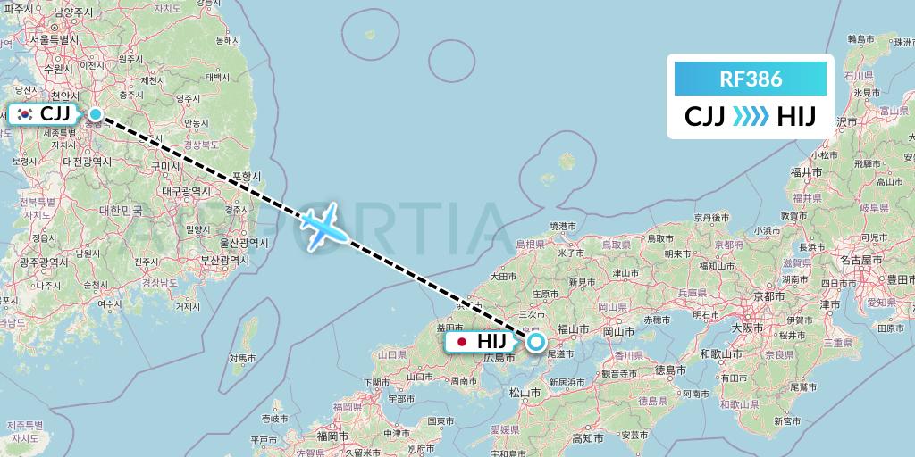 RF386 Aero K Airlines Flight Map: Cheongju to Hiroshima