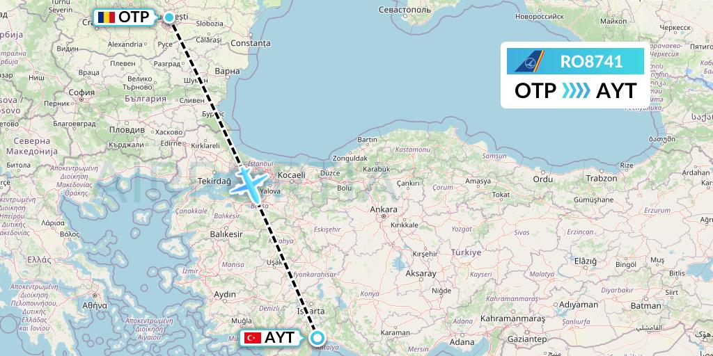 RO8741 Tarom Flight Map: Bucharest to Antalya