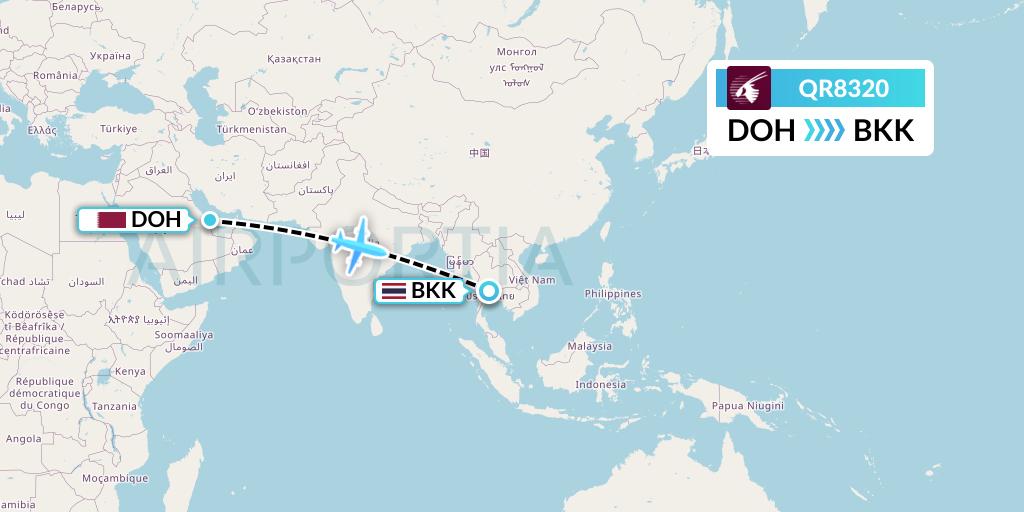 QR8320 Qatar Airways Flight Map: Doha to Bangkok