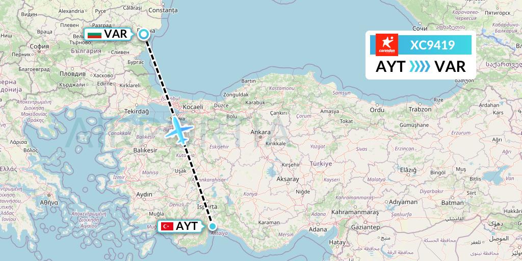 XC9419 Corendon Airlines Flight Map: Antalya to Varna